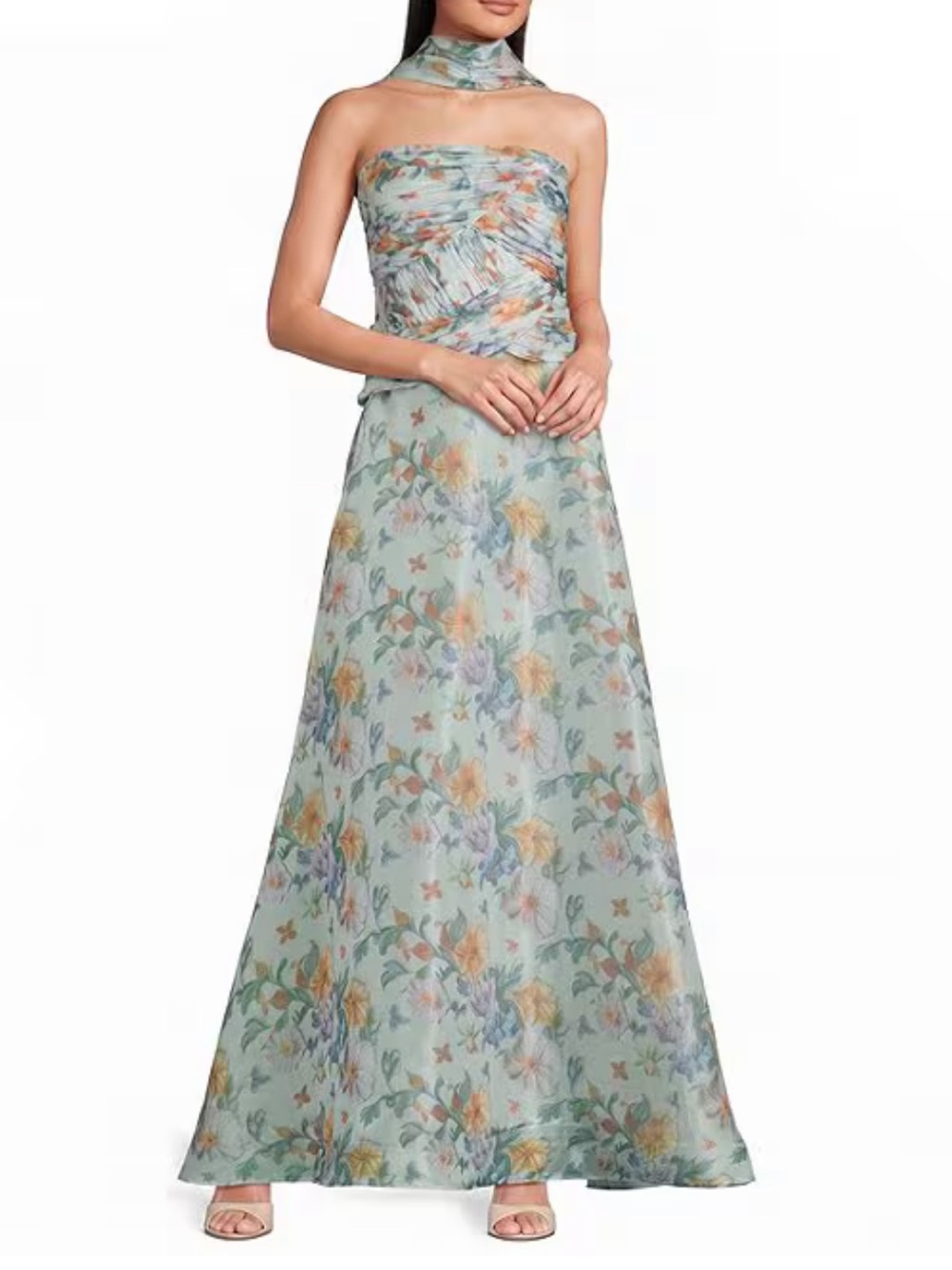 ✨Oleg Cassini Floral Strapless Organza Long Gown